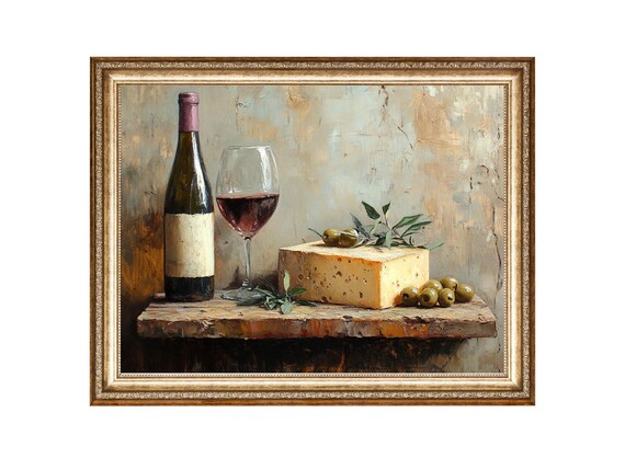 Wine Cheese and Olives Rustic Mediterranean Still Life Poster
