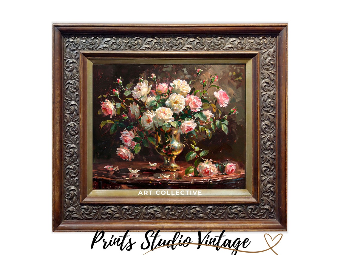 Roses Flowers Floral Prints Roses In Vase Flower Still Life Dark Moody Art Vintage Oil Painting Wall Art Print - Image 2