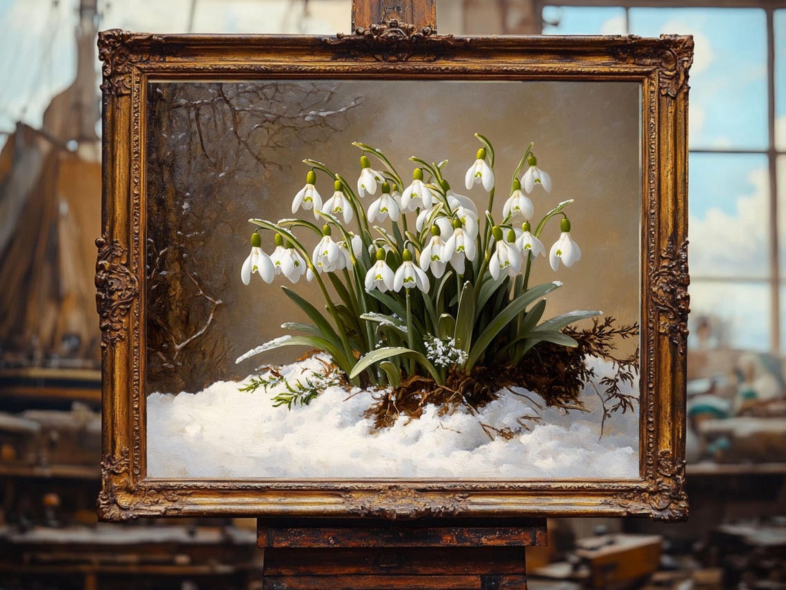 Snowdrops in a Snowy Forest, Vintage Mid-Century Art Print - Image 3