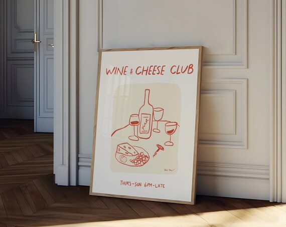 Wine And Cheese Club Hand Drawn Red Line Art Wine Night Gathering Poster