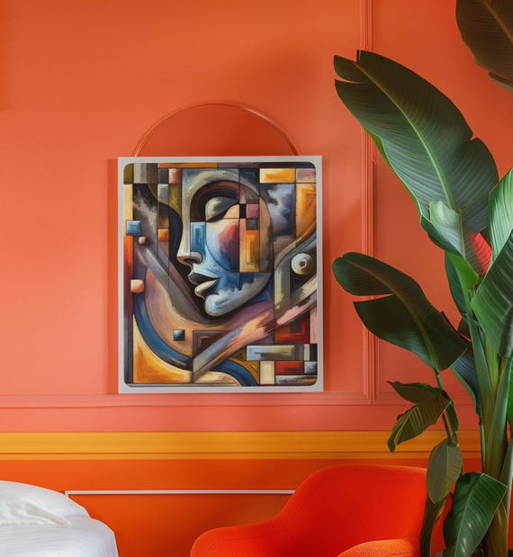 Abstract Cubist Face Art, Modern Geometric Poster