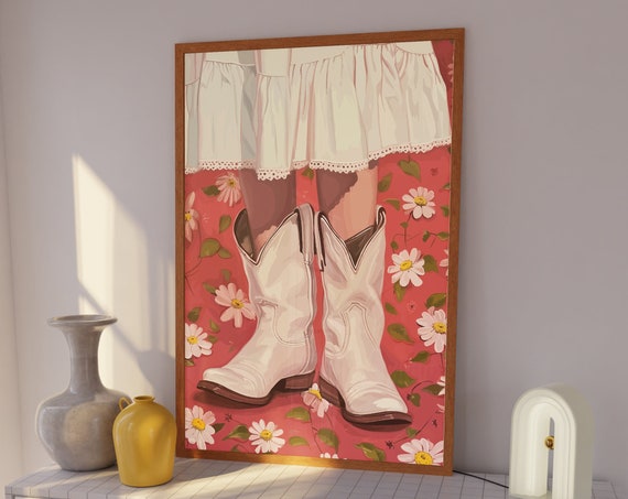 Cute Girly Painting Preppy Cowgirl Boot Print Western Wall Art Trendy Dorm Decor