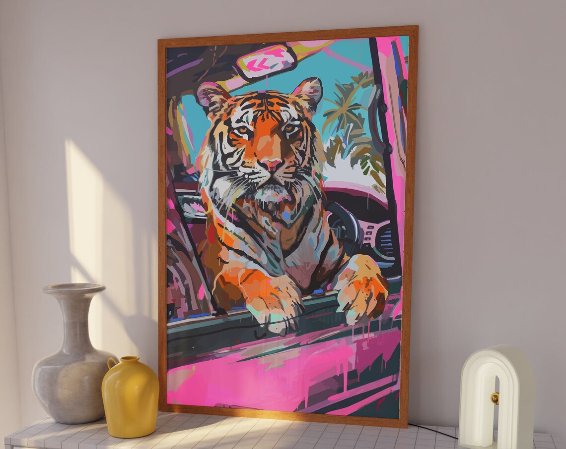 Neon Tiger Leaning Out of Car Window Under Hot Pink Sky Poster