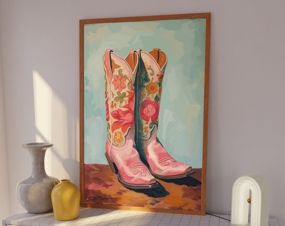 Preppy Cowgirl Boots Decor Coastal Pink Cowboy Boots Poster Print Western Cowgirl Decor Trendy Dorm Room Girly Apartment Decor