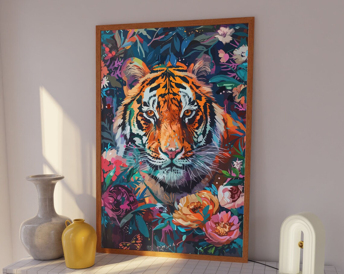 Vibrant Tiger Face Among Colorful Flowers Jungle Pop Art Poster