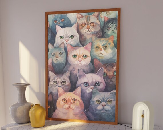 Colorful Cat Faces Collage Maximalist Funny Cats Pink Wall Art