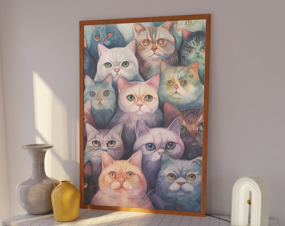 Colorful Cat Faces Collage Maximalist Funny Cats Pink Wall Art