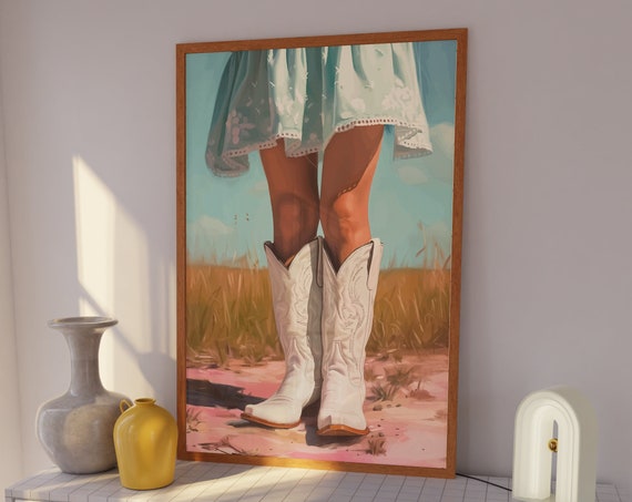 Western Wall Art Girly Dorm Decor Cowgirl Boot Painting Trendy Apartment Print