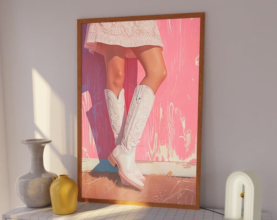 Preppy Cowgirl Poster Print Blush Pink Cowboy Boots Poster Preppy Western Cowgirl Decor Trendy Cowgirl Painting Girly Wall Art
