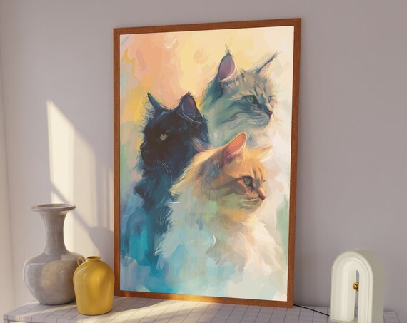Impressionist Painting Trio of Long Haired Cats Sunset Poster