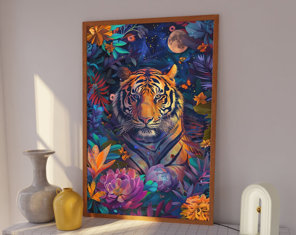 Tiger in Moonlit Tropical Flowers Night Maximalist Tiger Wall Art