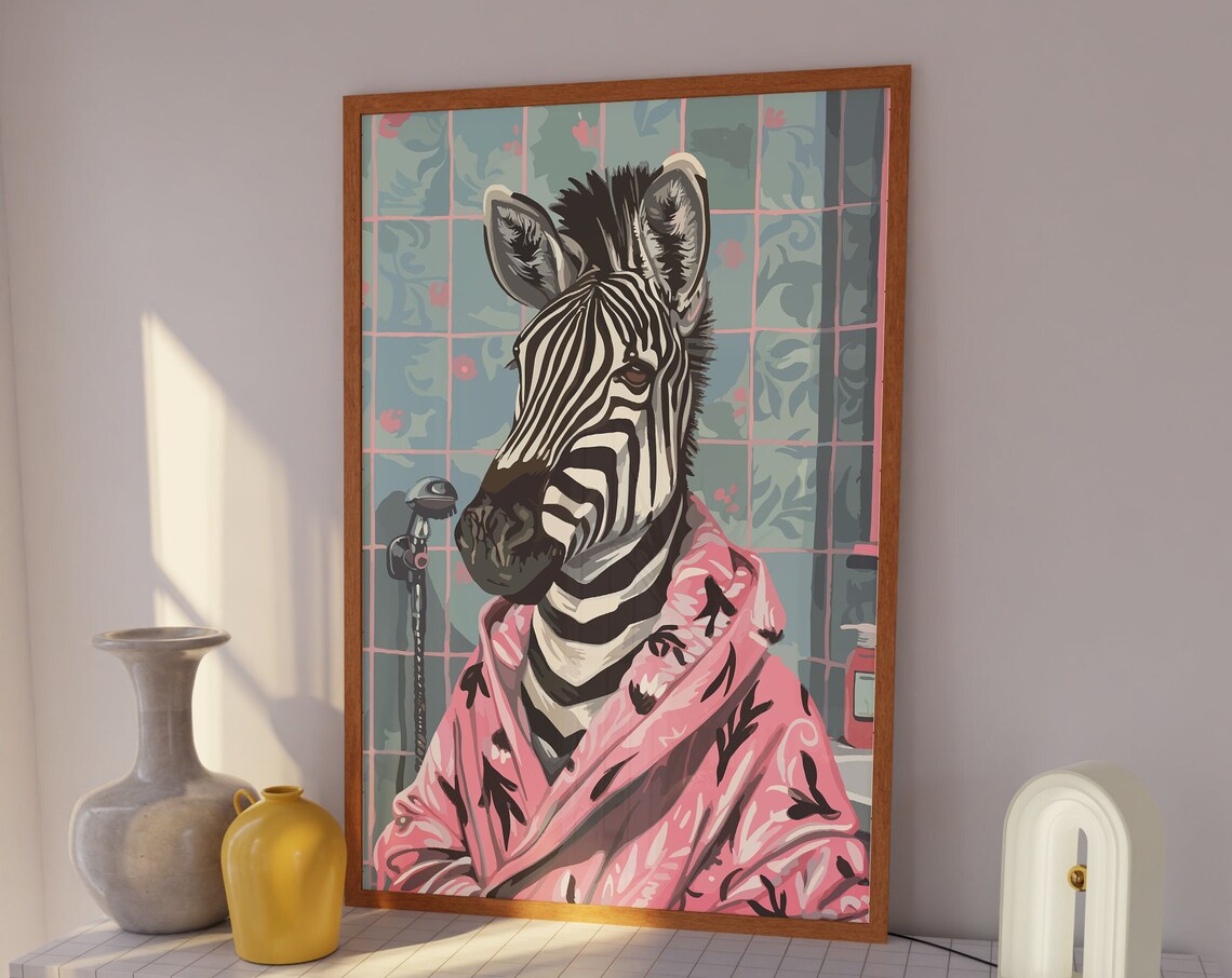 Playful Zebra in Pink Bathrobe Maximalist Bathroom Animal Poster