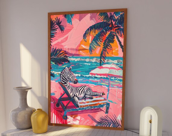 Zebra Lounging at Pink Beach Umbrella With Palm Trees Poster