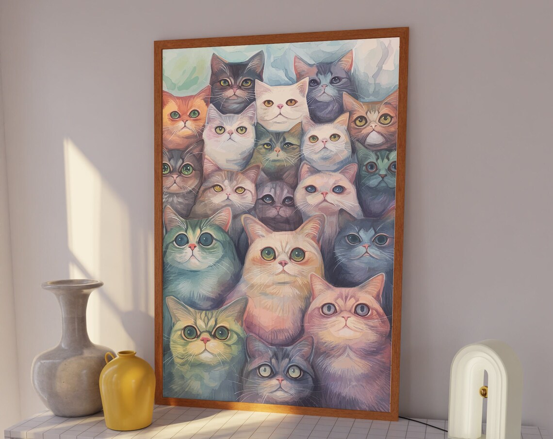Watercolor Crowd of Colorful Cat Faces in Pastel Hues Poster
