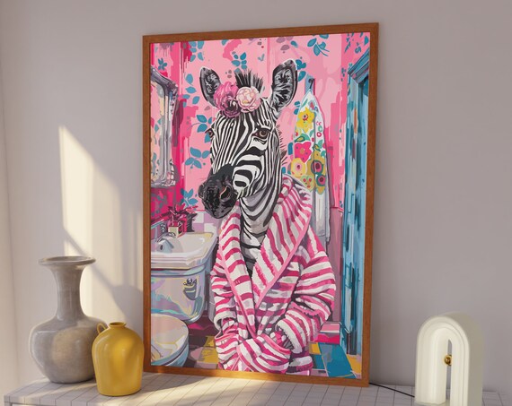 Funny Zebra in Pink Striped Robe Flower Crown Bathroom Poster