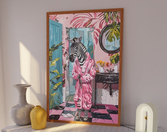 Zebra in Pink Robe Tropical Bathroom Funny Eclectic Zebra Wall Art