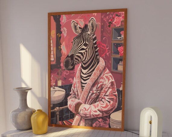 Zebra in Pink Robe Pink Bathroom Funny Maximalist Zebra Poster
