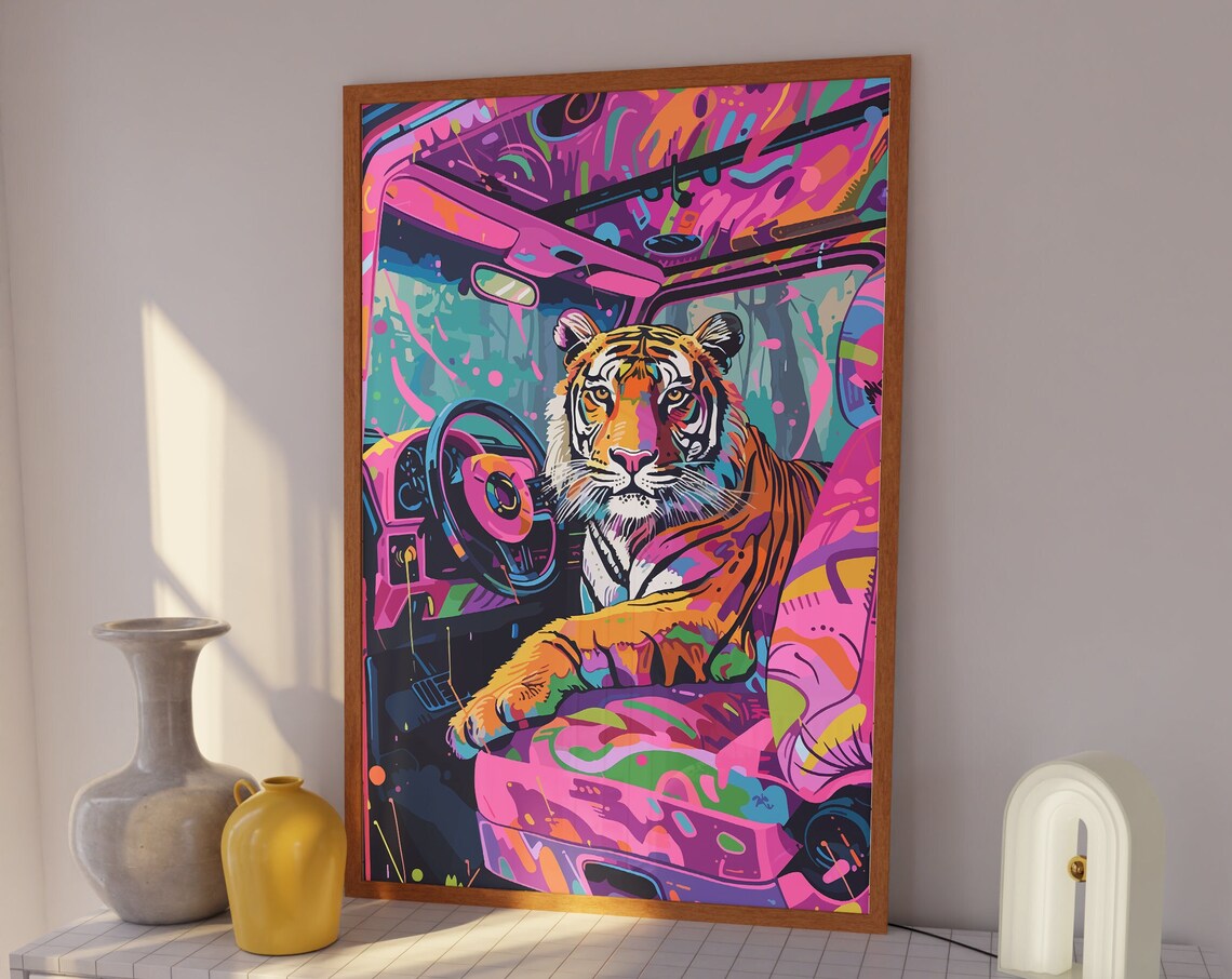 Neon Tiger Driving a Pink Graffiti Painted Car Interior Poster