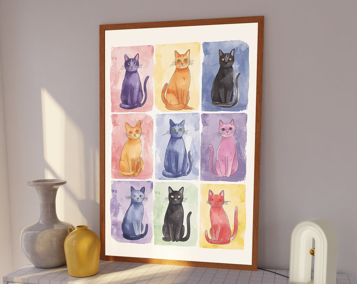Nine Watercolor Cats in a Pastel Grid for Cute Apartments Poster - Image 4