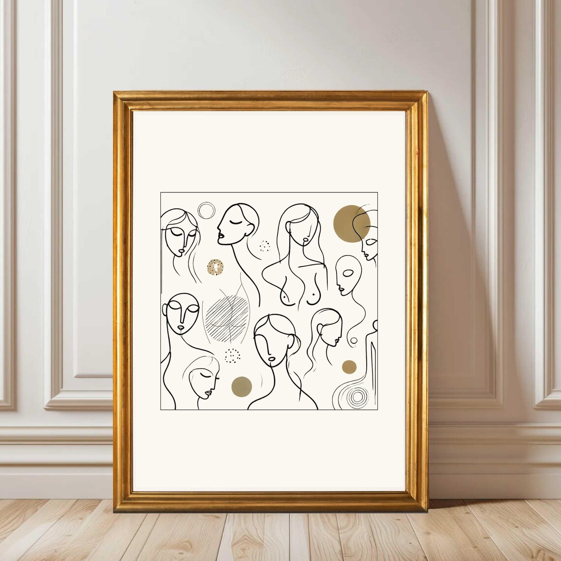 Women Faces One Line Drawing With Beige Dots Abstract Portrait Print - Image 3