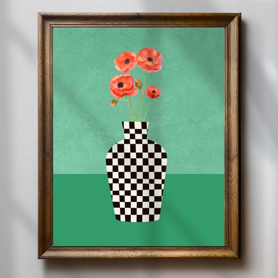 Modern Floral Wall Art Checkered Vase Print Bold Botanical Minimal Poppy Poster Retro Home Decor Instant Art Print
