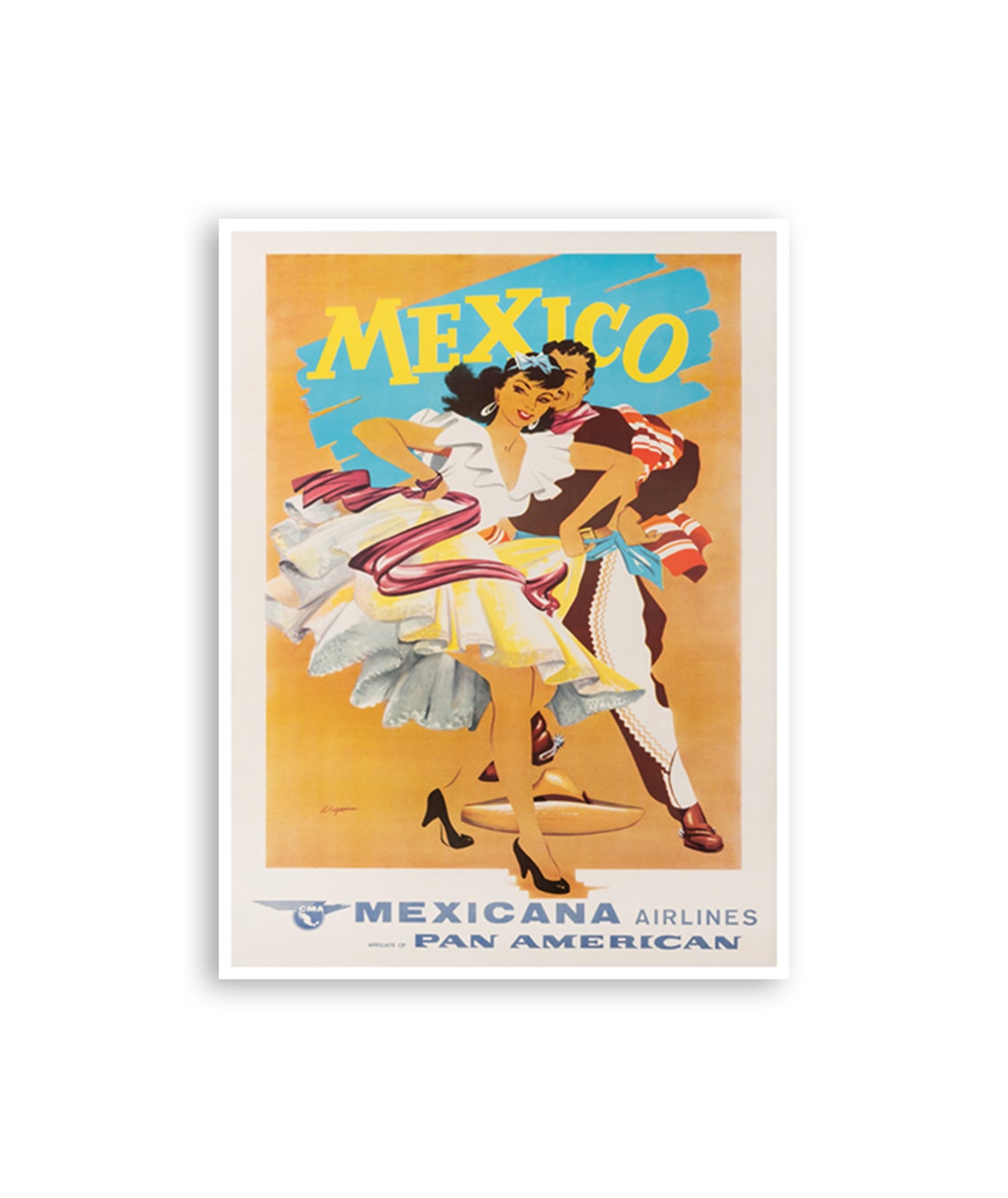 Mexico Mexicana Airlines Folk Dance Fiesta Vintage Travel Poster