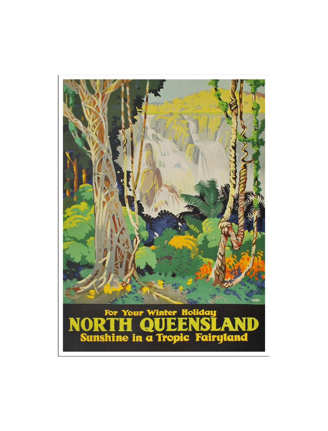 North Queensland Australia Rainforest Falls Vintage Travel Poster