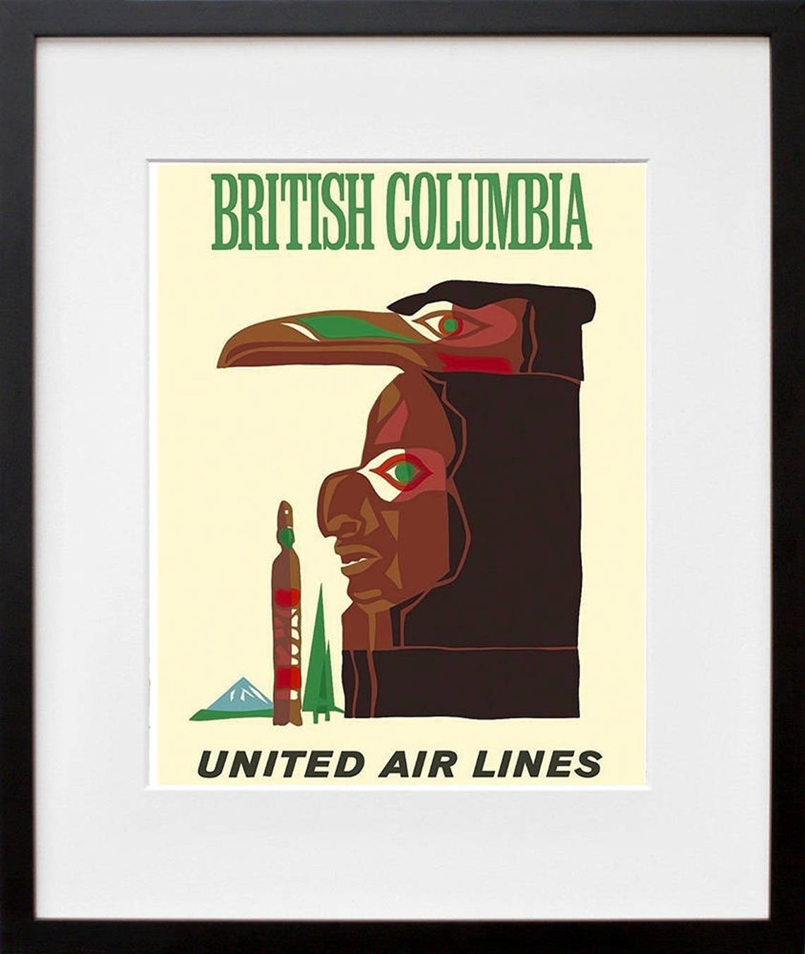 British Columbia Totem Eagle United Air Lines Vintage Travel Poster