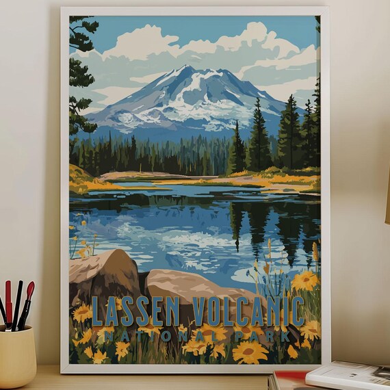 Lassen Volcanic National Park Snowy Peak Lake Reflection Wildflower Poster
