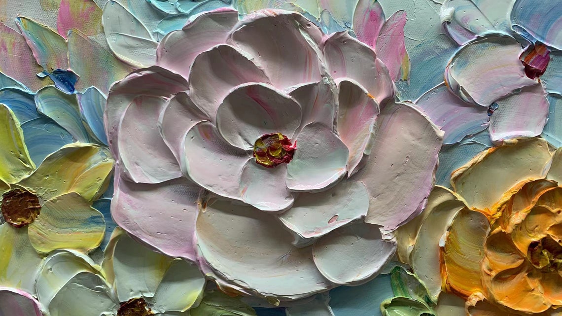 Soft Pink Rose Garden Pastel Blooms Palette Knife Floral Art Poster - Image 4