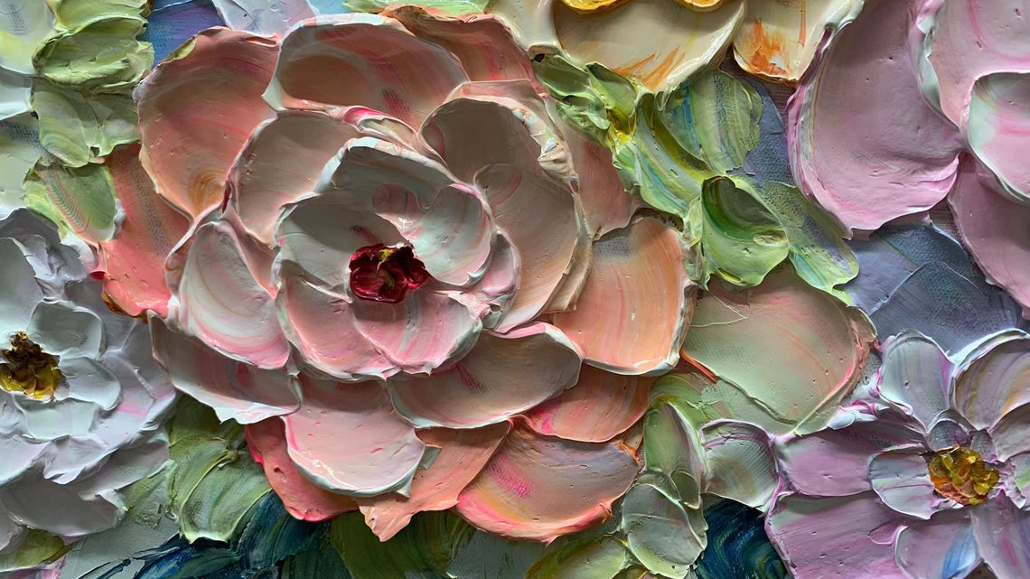 Soft Pink Rose Garden Pastel Blooms Palette Knife Floral Art Poster - Image 5