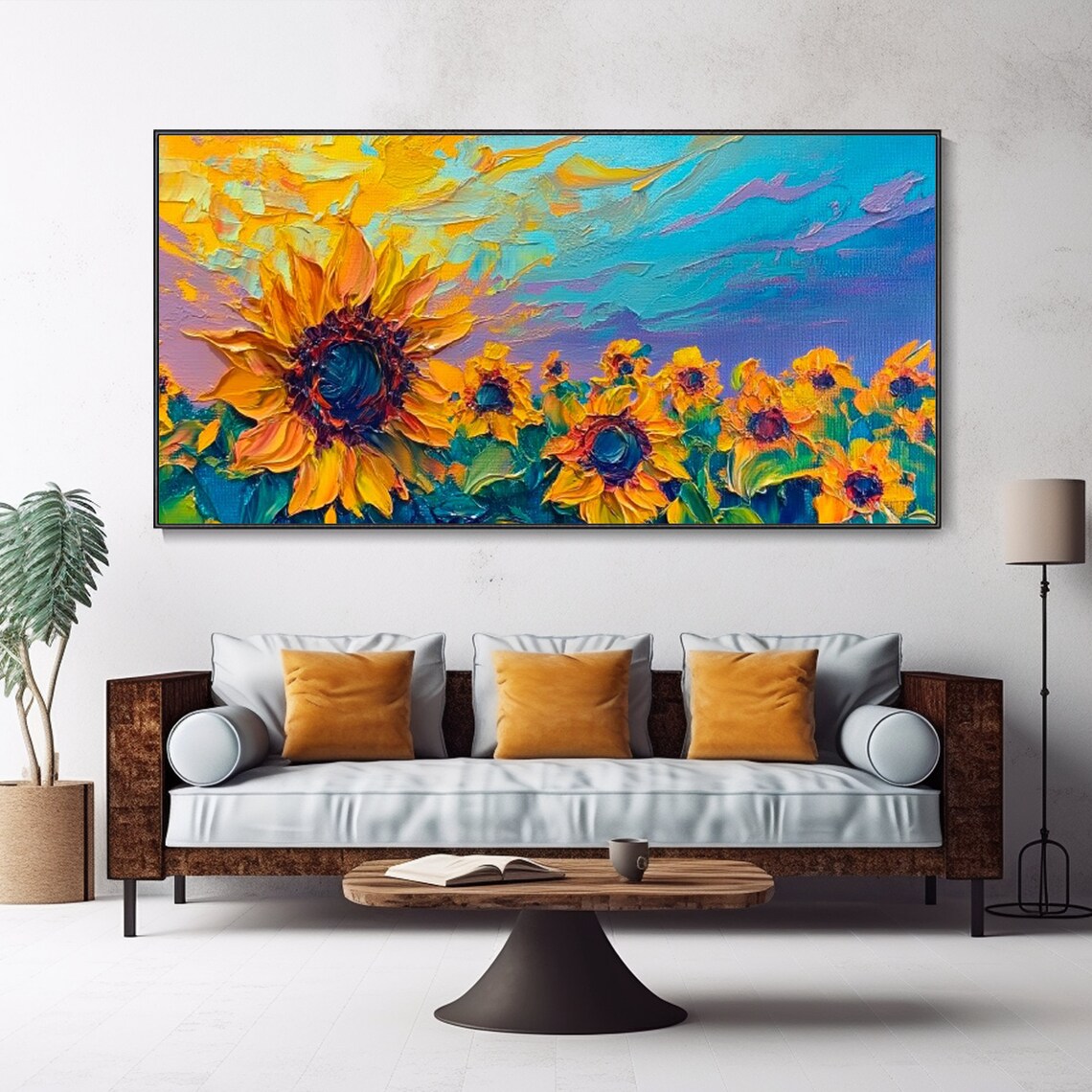 Sunflower Oil Painting Bright Color Texture Knife Painting Artist Original Blue Sky Sunshine Home Decor Flower Theme Wall Art Birthday Gift - Image 4