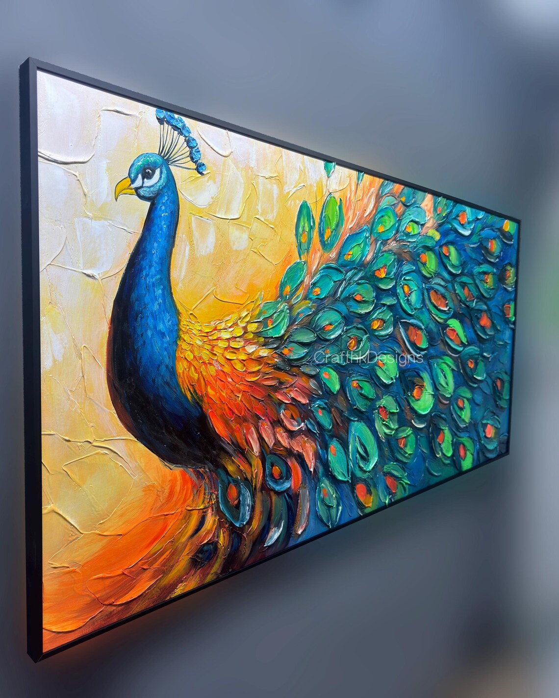 Peacock Textured Modern Oil Painting Art Print - Image 2