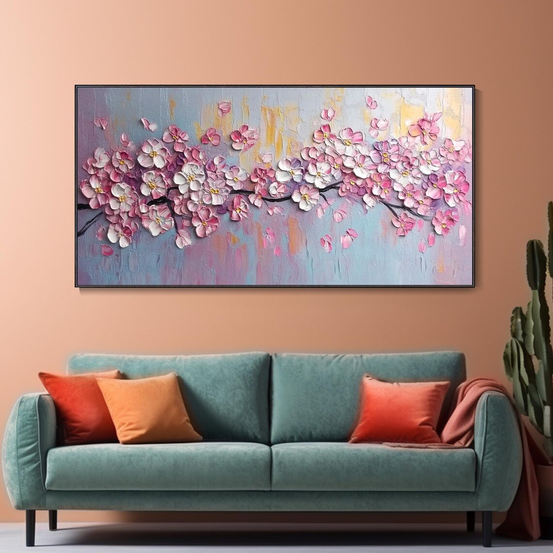 Pink Cherry Blossom Oil Painting, Spring Tree Branch Art Print - Image 2