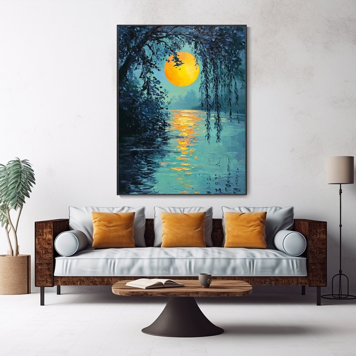 Moonlight Lakeside Reflection Nightscape Oil Painting Forest Moon Wall Art Tranquility Painting Original Landscape Artwork Wall Decor - Image 5