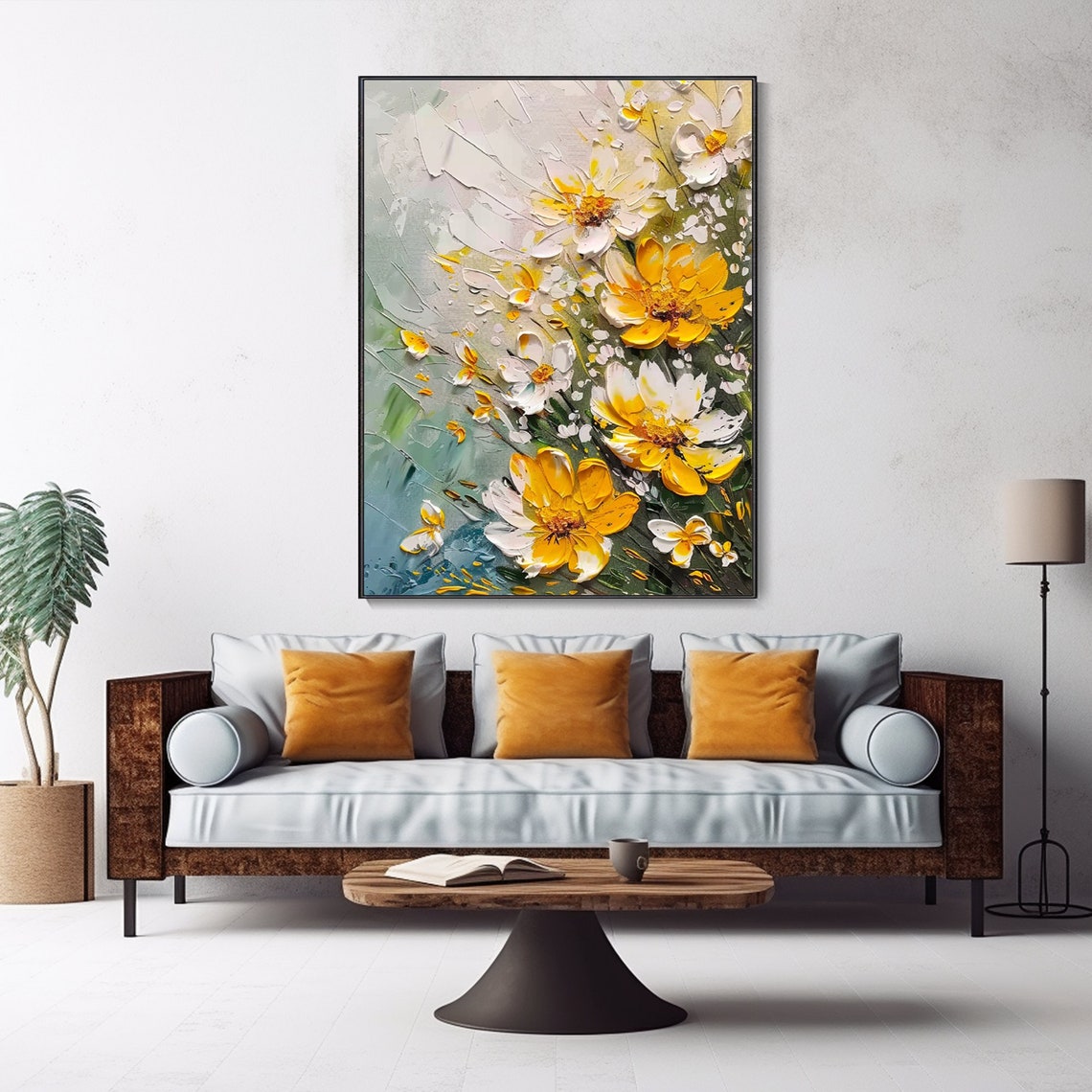 Yellow White Wildflowers Meadow Impasto Floral Oil Painting Art Print - Image 2