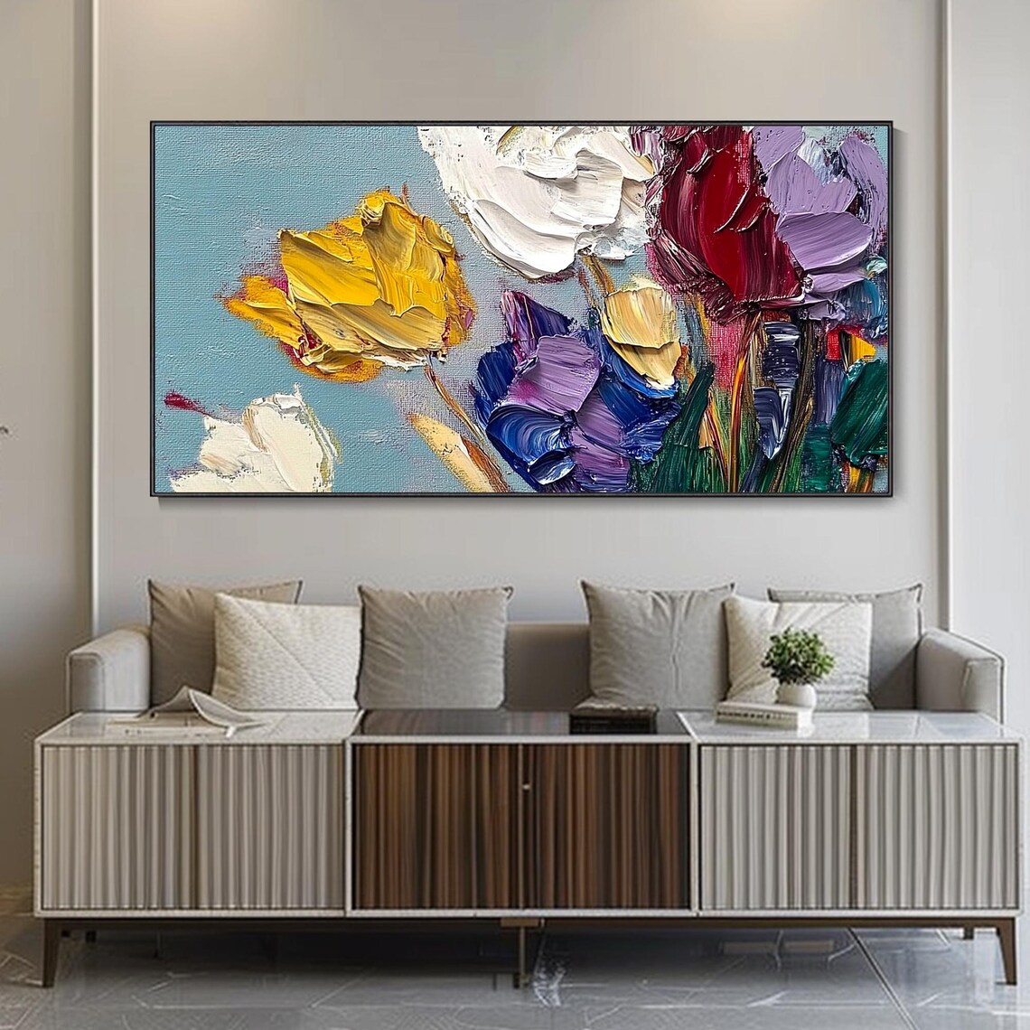 Colorful Tulips Palette Knife Textured Floral Oil Art Poster - Image 3