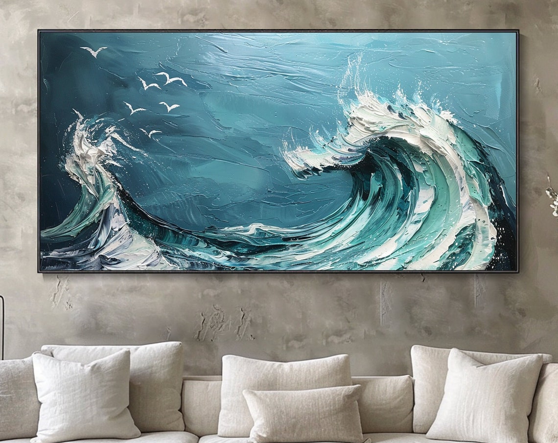 Turquoise Crashing Wave Seagulls White Foam Ocean Art Poster