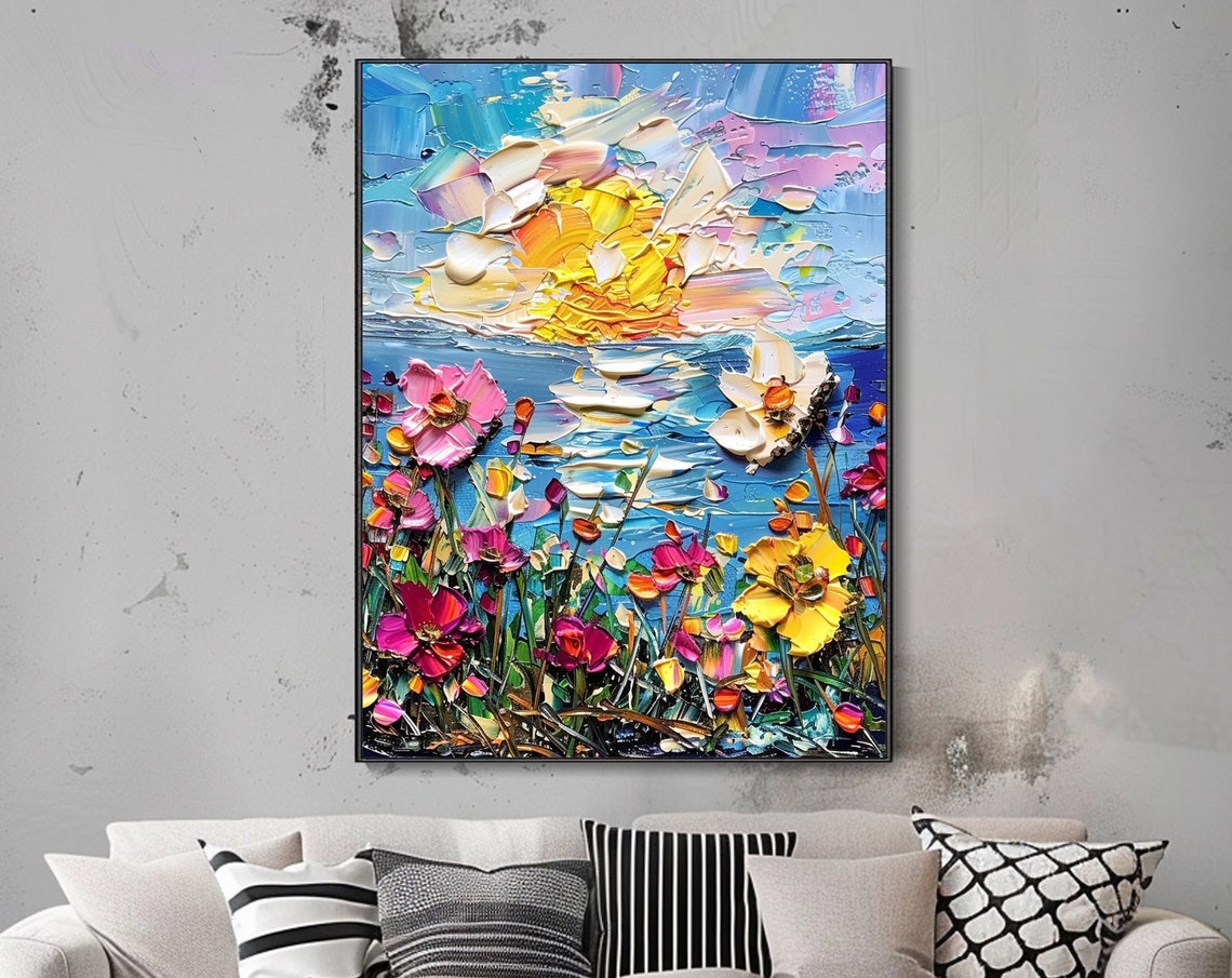 Colorful Wildflower Field Blue Ocean Sunrise Impasto Floral Art Poster