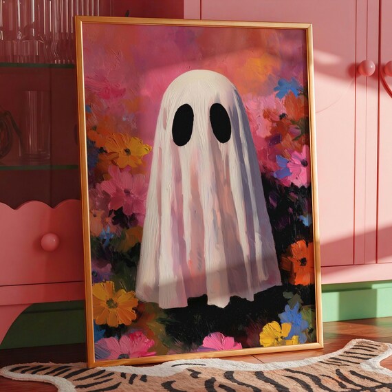Floral Wall Art Print Halloween Decor Colorful Flower Field Spooky Cute Poster