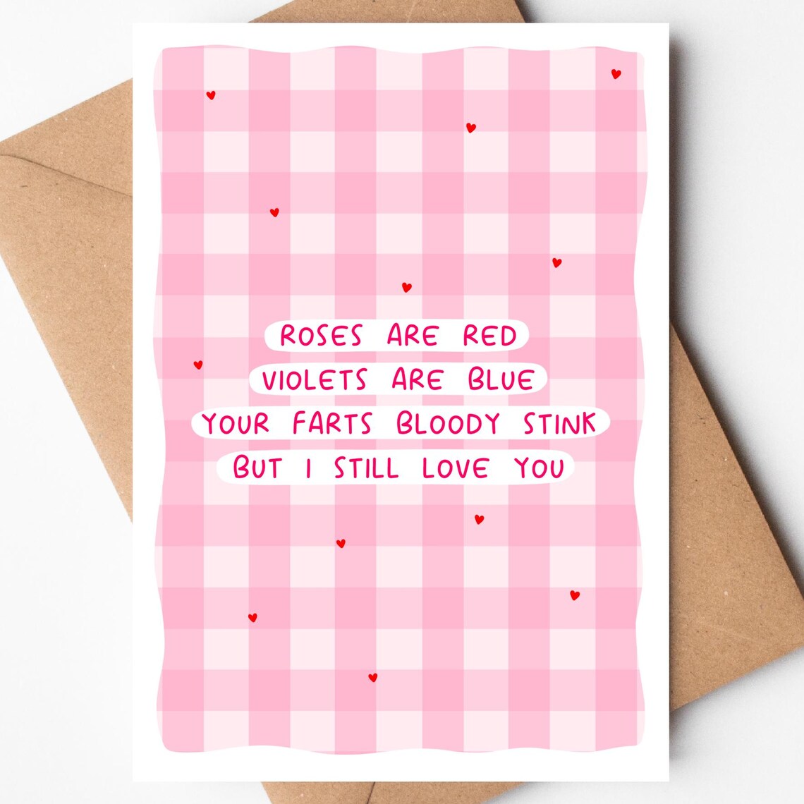 Funny Pink Gingham Roses Are Red Fart Joke Love Card Rude Print