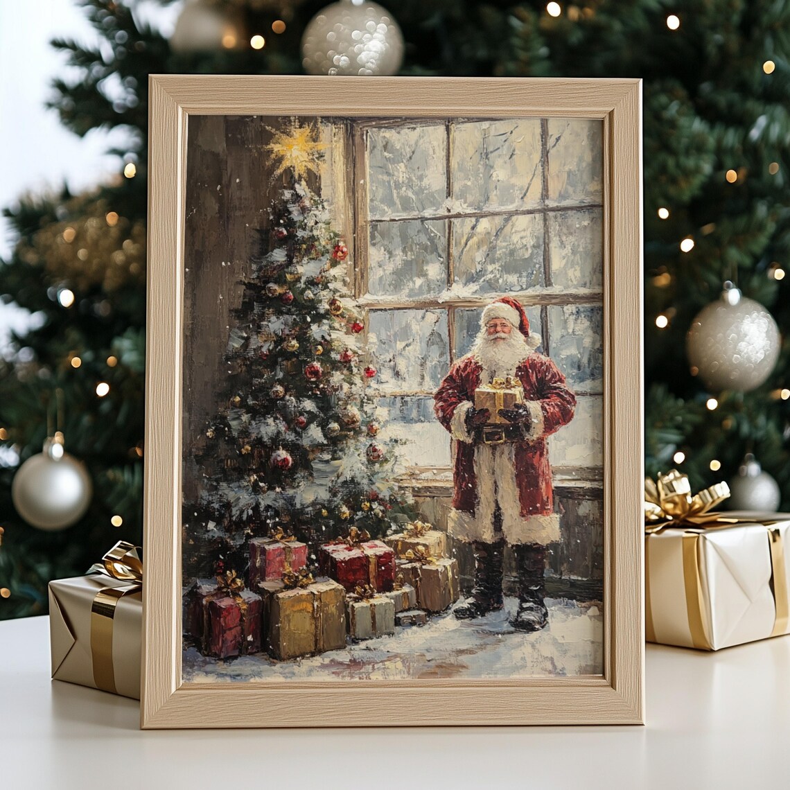 Santa Claus Delivering Gifts Beside Christmas Tree Vintage Art Print - Image 2