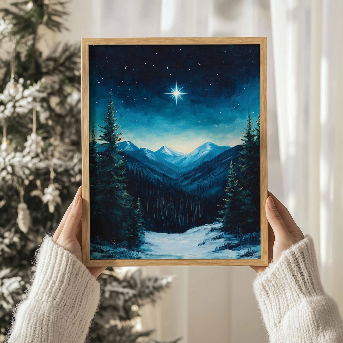 Christmas Star Over Snowy Mountains Pines Night Sky Nativity Print - Image 3