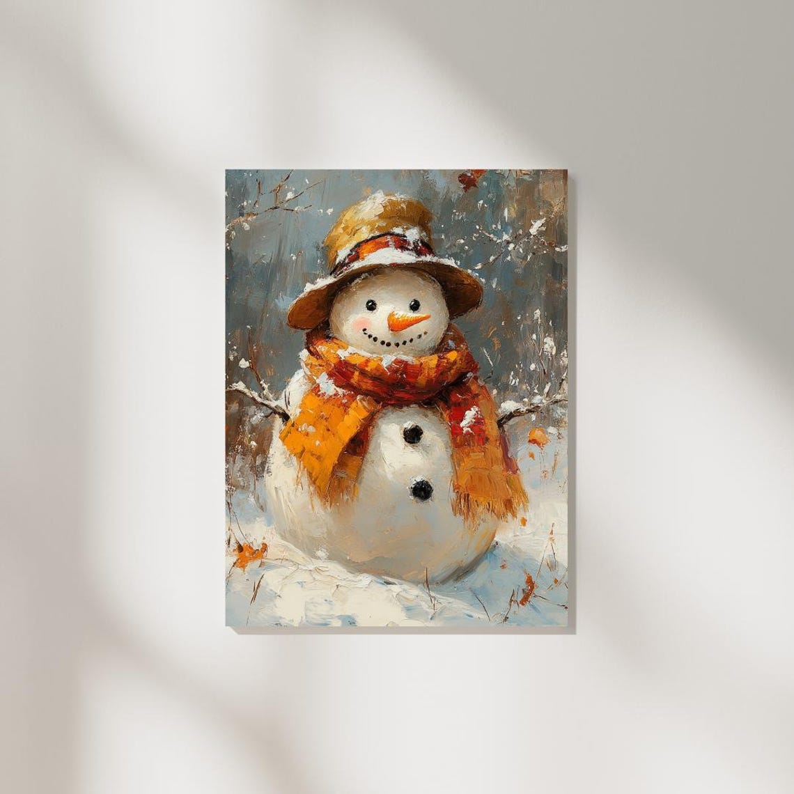Snowman Orange Plaid Scarf Straw Hat Vintage Winter Painting Art Print - Image 2