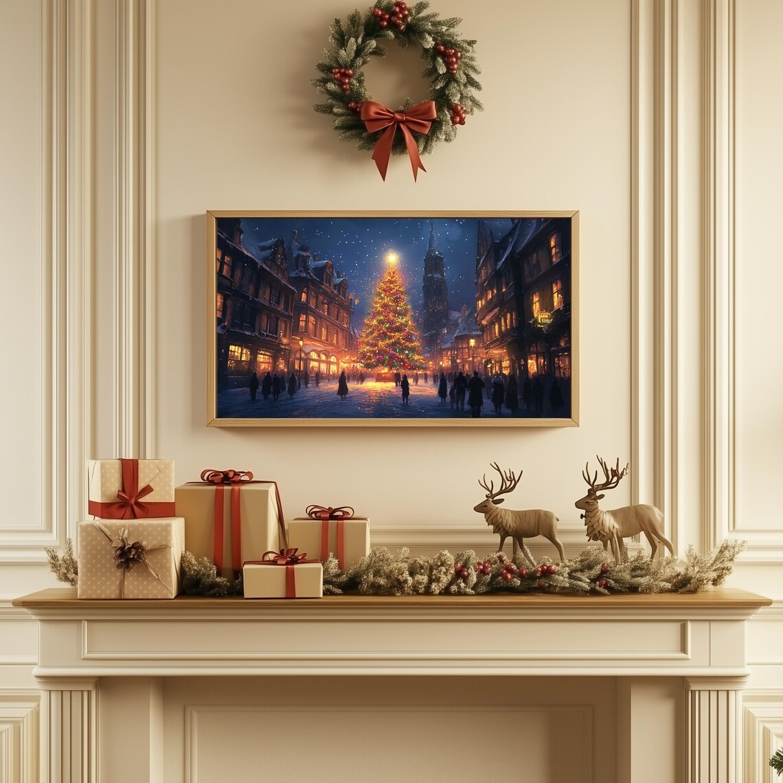 European Old Town Night Glowing Christmas Tree Church Art Print - Image 2