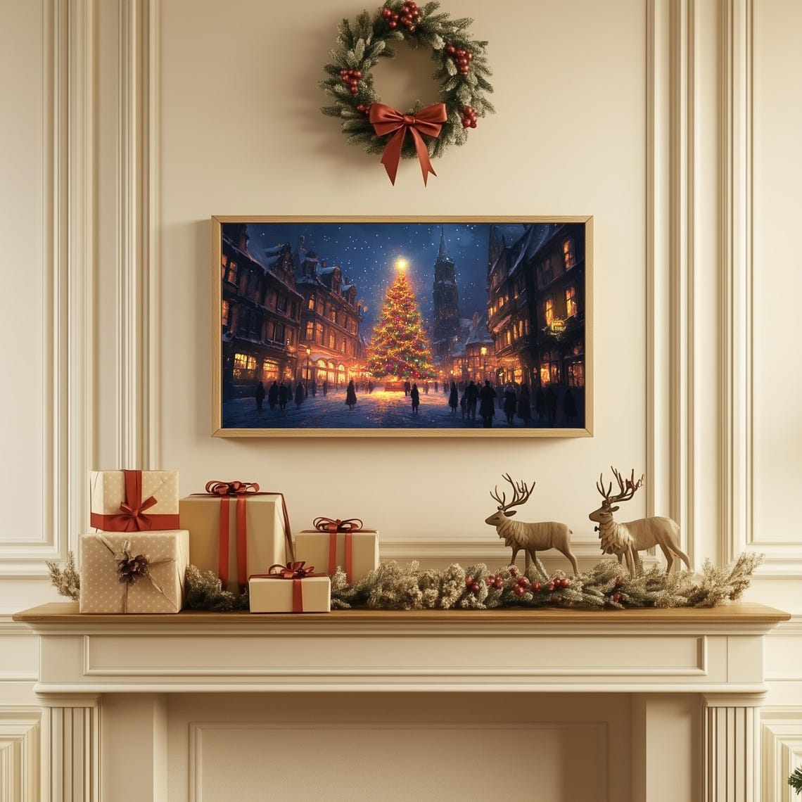 Moody Christmas Frame Tv Art Vintage Christmas Town Tv Art Snowy Village Landscape Christmas Tree Painting Winter Tv Screensaver - Image 2