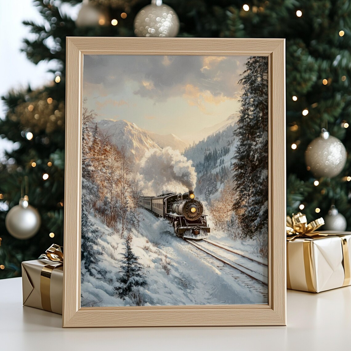 Steam Locomotive Snowy Pine Forest Mountain Pass Painting Art Print - Image 2