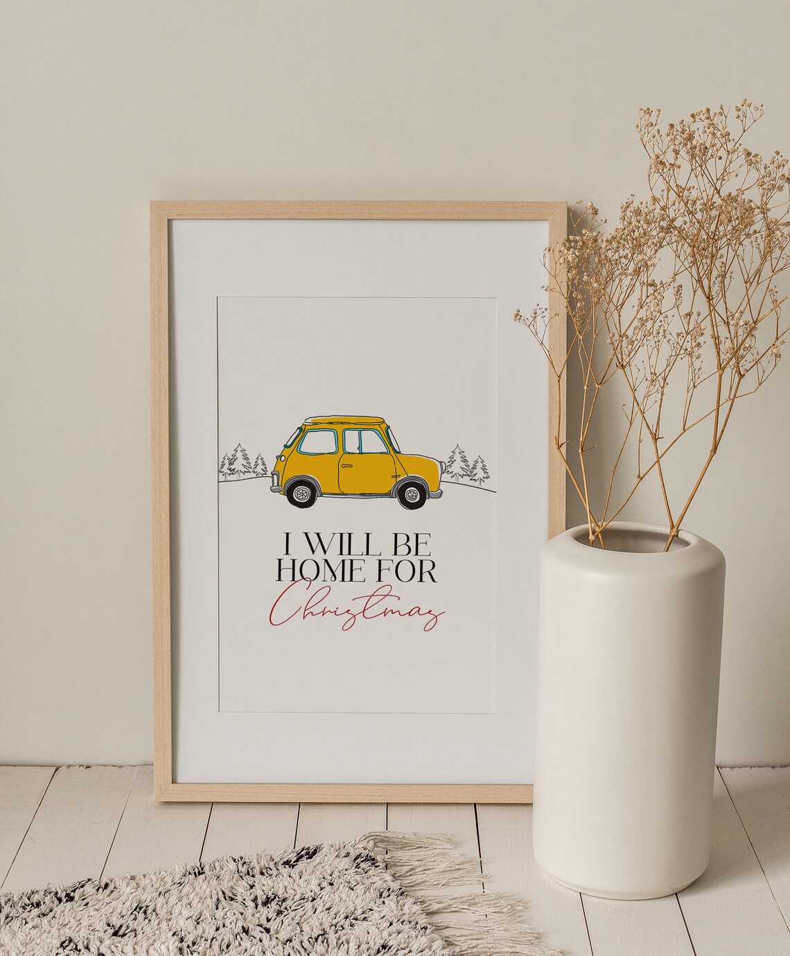 I Will Be Home For Christmas Mini Cooper Vintage Car Holiday Poster - Image 2