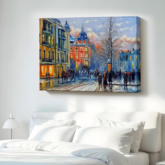 Snowy Historic City Street With Horse Carriages Winter Poster