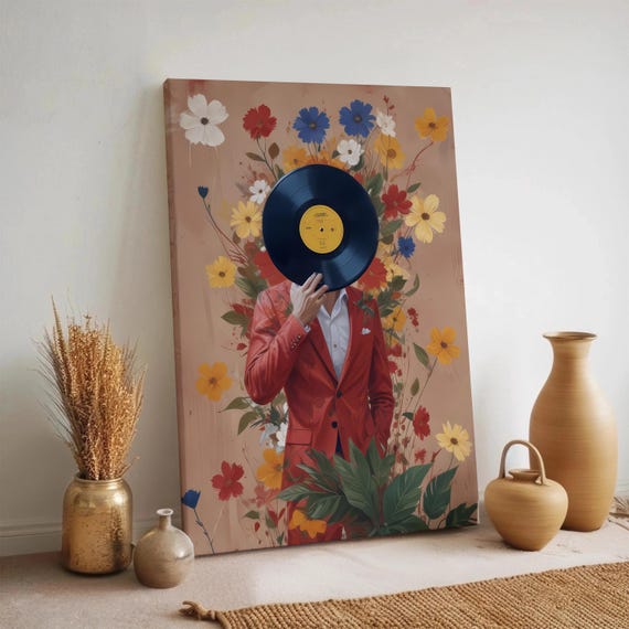 Vinyl Abstract Canvas Wall Art Floral Surrealism Decor Retro Music Lovers Artwork Framed Modern